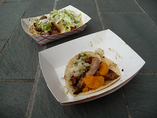Fish & grapes taco and orange chicken taco