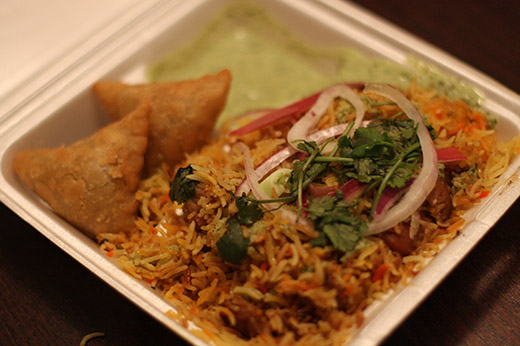 Biryani and samosas from the No Tomatoes truck